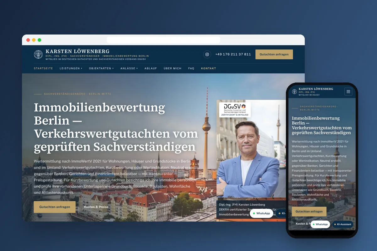 Webseite des Immobiliensachverständigen Karsten Löwenberg auf Laptop und Smartphone