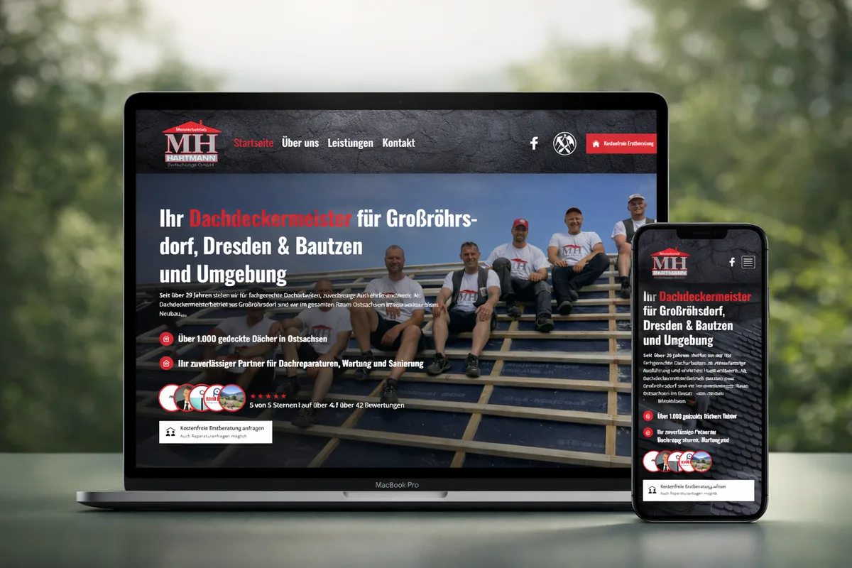 Von uns gebaute Webseite des Dachdeckerbetriebs MH Bedachung