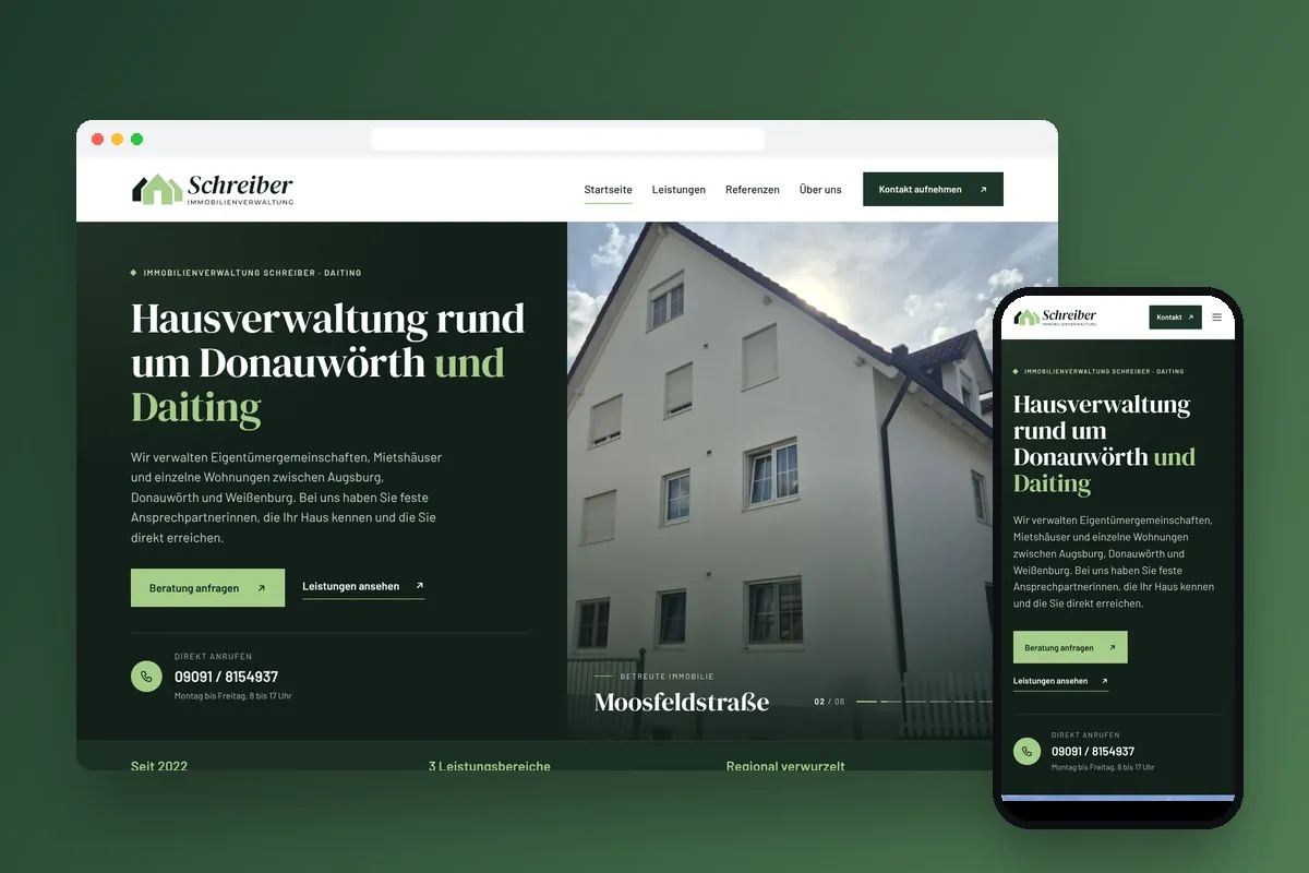 Webseite der Immobilienverwaltung Schreiber auf Laptop und Smartphone