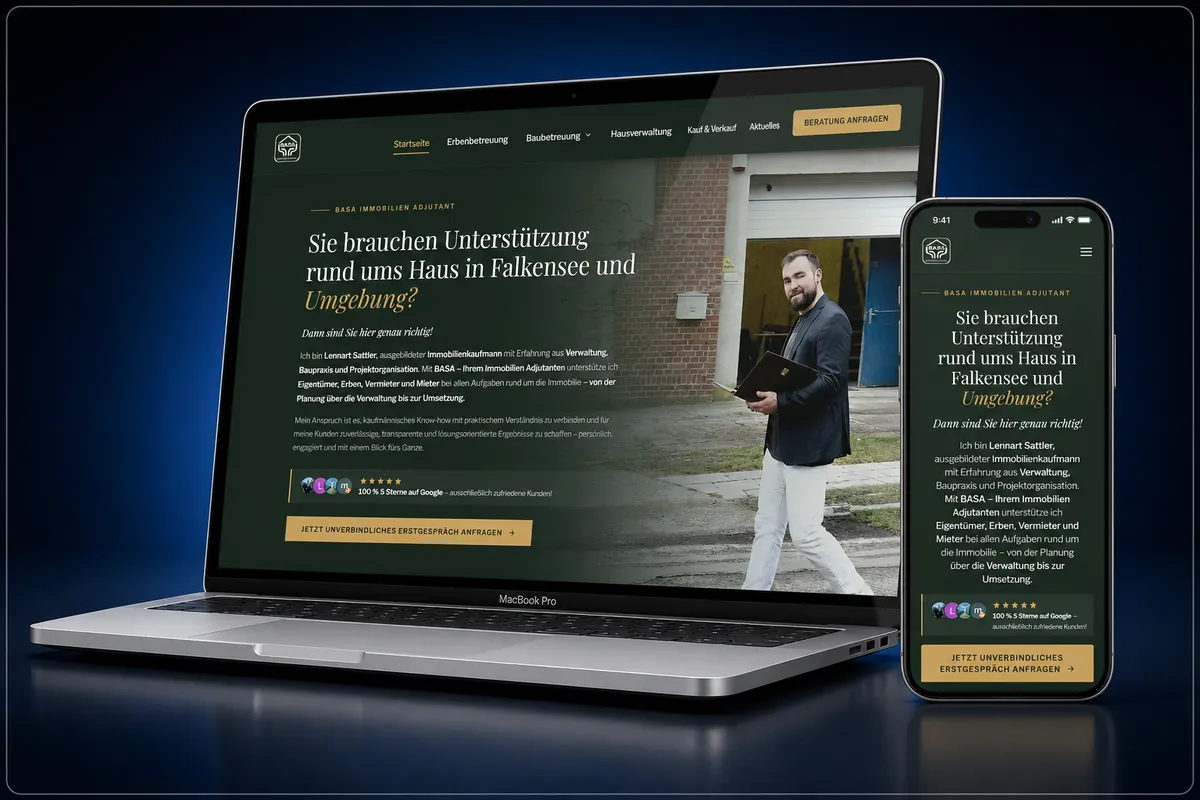 Startseite der von uns gebauten Webseite für BASA Immobilien Adjutant in Falkensee