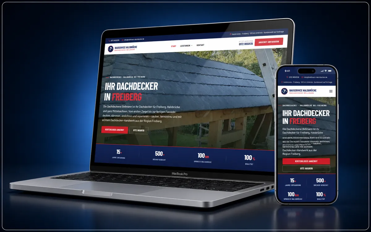 Startseite der von uns gebauten Webseite der Dachdeckerei Bellmann bei Freiberg