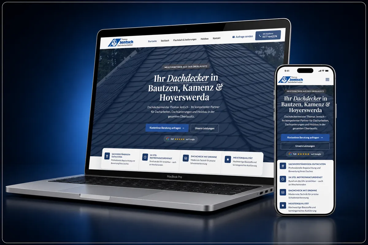 Startseite der von uns gebauten Webseite von Dachdeckermeister Thomas Jentsch in der Oberlausitz